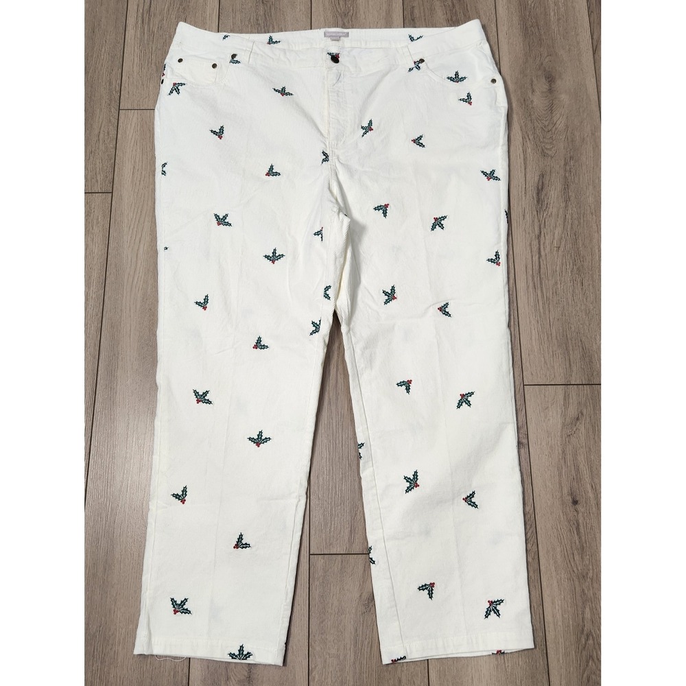 Christmas Holiday Embroidered White Corduroy Womens Plus Size Pants 24W Holly